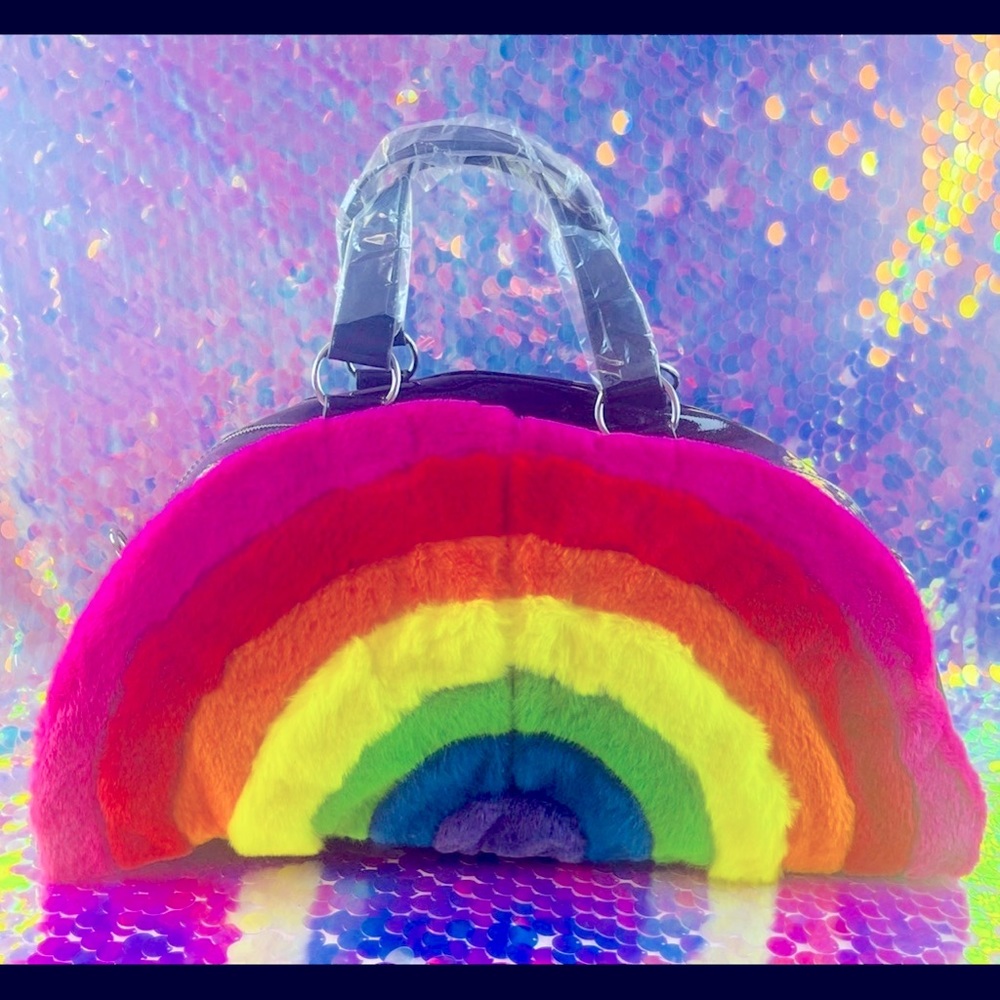 Dolls Kill Fuzzy Rainbow Blk Patent Leather Weekender Bag